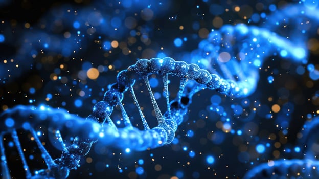 Close-up view of a DNA double helix illuminated with blue light against a dark background photo