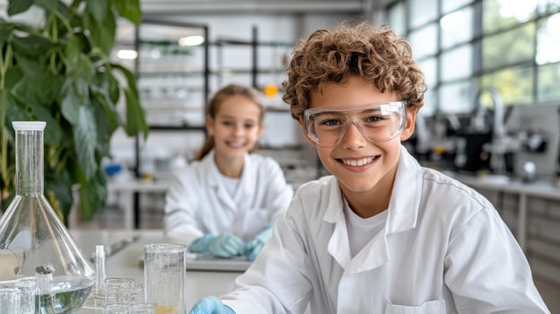 Young students in science lab conducting experiments with glassware photo