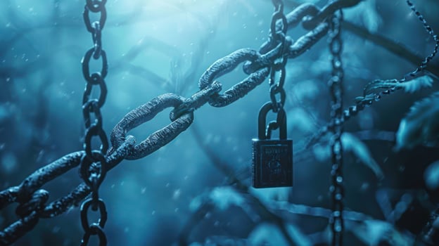 A close-up of a rusty chain and padlock in a misty, ethereal forest setting at dusk photo
