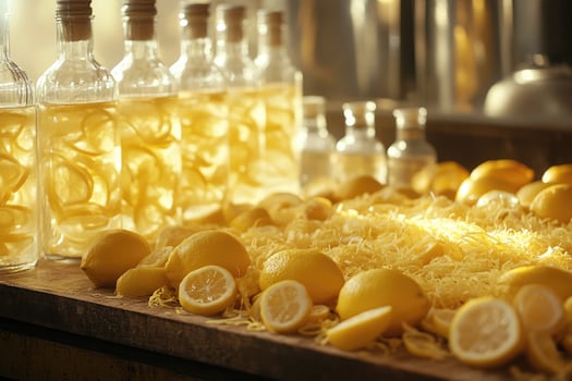 Preparing traditional homemade limoncello with fresh lemons and lemon zest photo