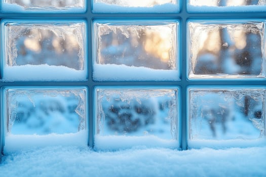 Frost forming on glass block window covered with snow in winter. photo