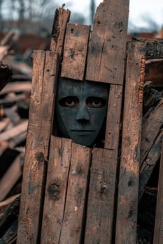 Mysterious masked figure peering through wooden planks photo