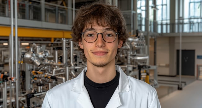 Smiling young scientist in lab coat in a laboratory photo