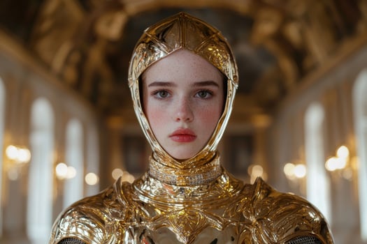 Woman in golden armor, portrait photo