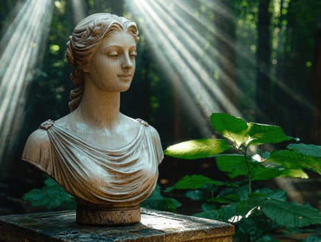 Serene bust statue in sunlit forest photo