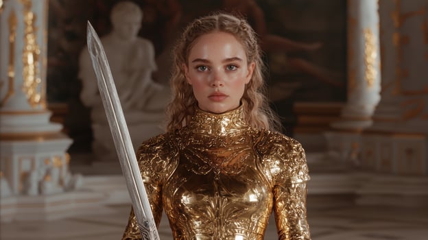 A female warrior in golden armor holds a sword photo