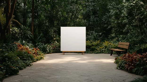 Blank sign in a lush garden setting photo