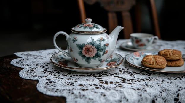 Floral Tea Set with Cookies on Lace Doily photo
