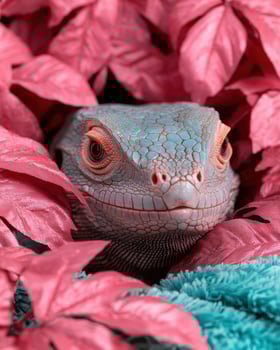 Close up of a lizards face peeking from pink leaves photo
