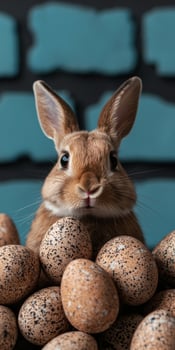 Adorable bunny rabbit surrounded by speckled Easter eggs photo