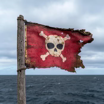 Tattered pirate flag with skull and crossbones on weathered wood post against a stormy sea photo