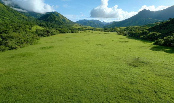 Lush green valley surrounded by majestic mountains. photo
