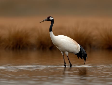 White naped crane wading in shallow water photo
