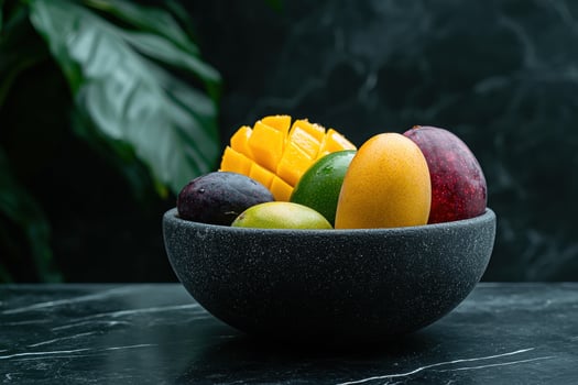 Assortment of colorful tropical fruits in a dark bowl photo