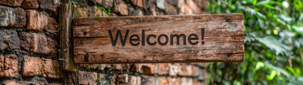 Rustic wooden welcome sign on old brick wall photo