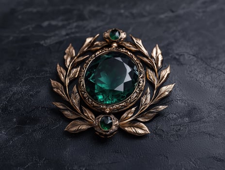 Antique gold brooch with green gemstone photo
