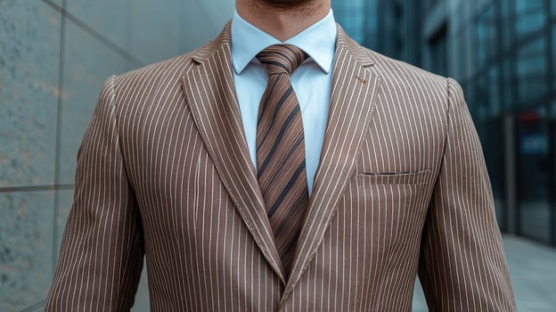 Close up of a man in a brown pinstripe suit and tie photo