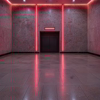 Pink neon lights illuminate a modern elevator entrance in a sleek building photo