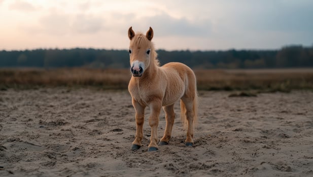 Adorable light brown foal standing in a sandy field photo