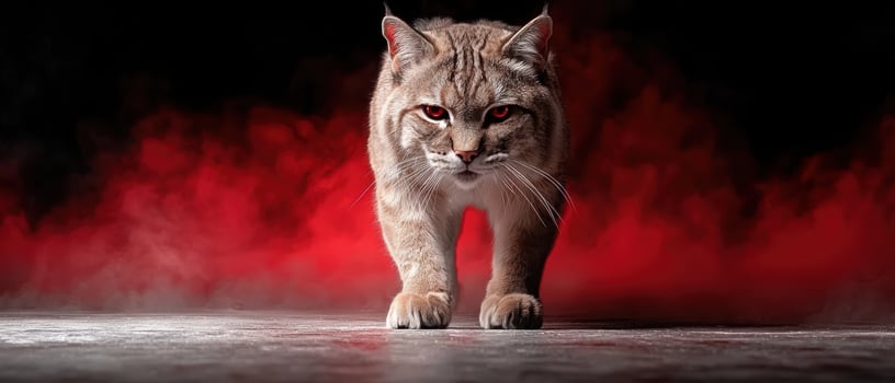 A bobcat with glowing red eyes walks towards the camera in a red smoky background photo