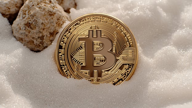Golden bitcoin in the snow photo