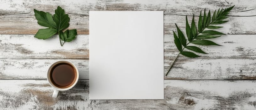 Blank paper with coffee and leaves on rustic wooden table photo