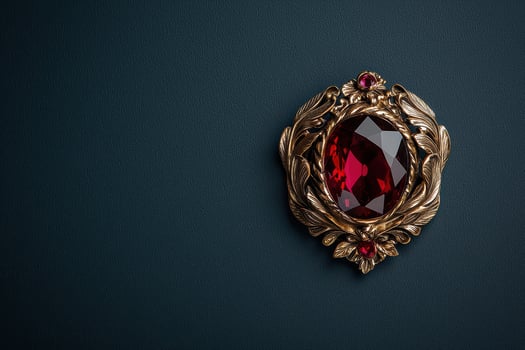 Ornate gold brooch with a large red gemstone photo