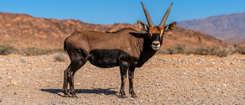 Male sable antelope standing in rocky desert photo