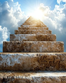 Stone staircase leading to heaven, bright light at the end photo
