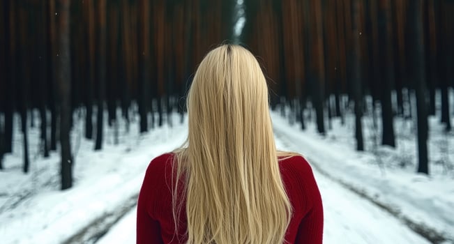 Woman with long blonde hair walking away in snowy forest path photo