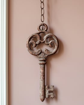 Ornate key hanging on a pink wall photo