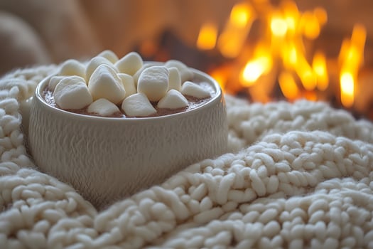 Cozy Winter Scene with Hot Chocolate and Marshmallows by the Fireside photo