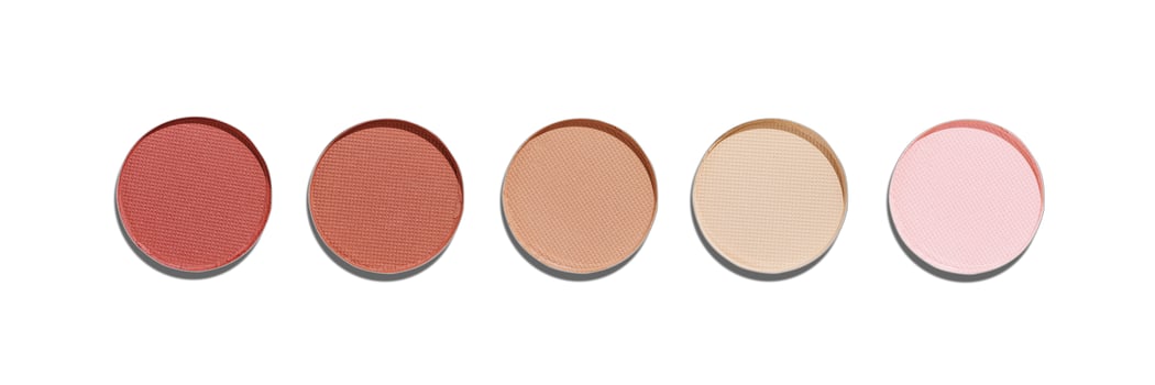 Set of matte eyeshadow refills, neutral natural colored shades, object isolated on white background. Top view of skintone Swatches Eyeshade makeup for cosmetic products, makeup, beauty concept photo