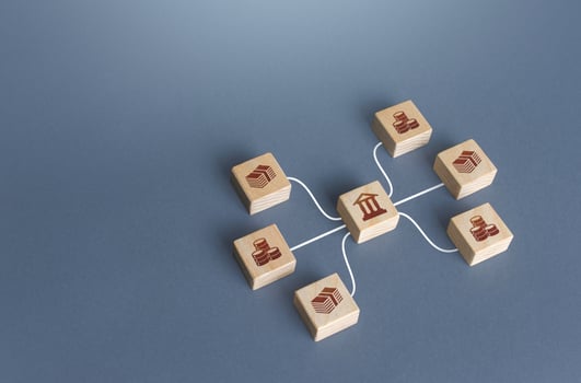 Bank blocks are linked to money by lines. Operation of money funds, transactions. Lending, deposits. Capital Markets. Investment. Borrowing. Capitalization and liquidity of financial banking system. photo