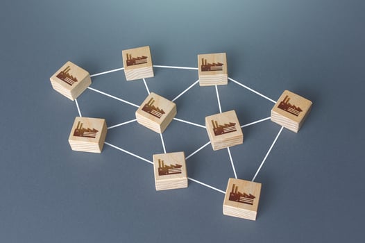 Industrial plants and factories network. Economic and logistic ties between industrial producers. Technological supply chains of raw materials and components. Interdependence and Globalization. photo