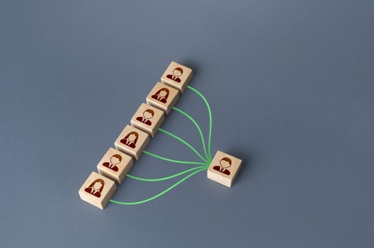 Leader communicates with his charges. Social circle. Leadership skills, complete control. Distribution of indications in the vertical hierarchy. Subordination, business management. Lead, give orders. photo