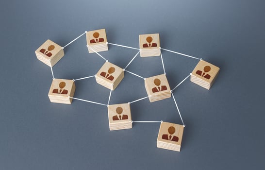 Network of connected people. Interaction between employees and community members. Information exchange relations. Unity cooperation. Social communication. Distribution responsibilities between workers photo