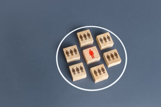 The leader gathers around him a group of people of followers in a circle. Combining to achieve a goal. Unity. Team discipline, teamwork cooperation. Self management workers group. Autonomy performance photo