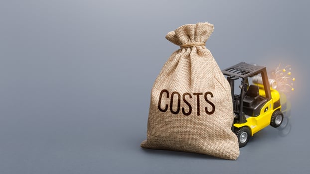Forklift unable to lift the bag with Costs. Reducing high maintenance cost. Tax burden. Debt burden. Expenses over budget, deficit. Insufficient funding. Business strong risk management concept. photo