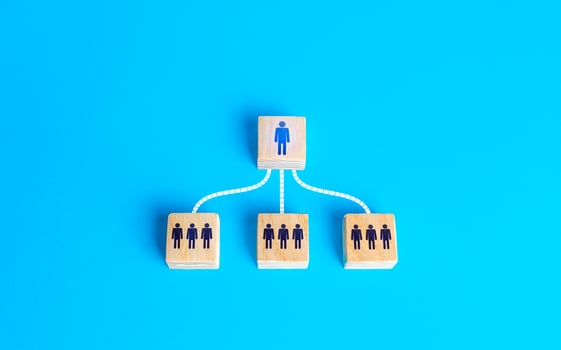 People are connected to the leader by lines. Communication with subordinates. Delegate work. Education and exchange of experience. Personnel management. Influence people. Mediation, intermediation. photo