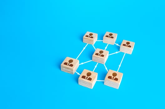 Blocks of people connected in one network. Communication and interaction, building business relationships. Distribution responsibilities. Team building formation. Cooperation without leader photo