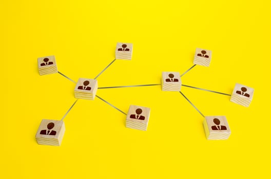 Blocks of people connected in one network. Communication and interaction, building business relationships. Team building formation. Cooperation without leader. Distribution responsibilities. photo