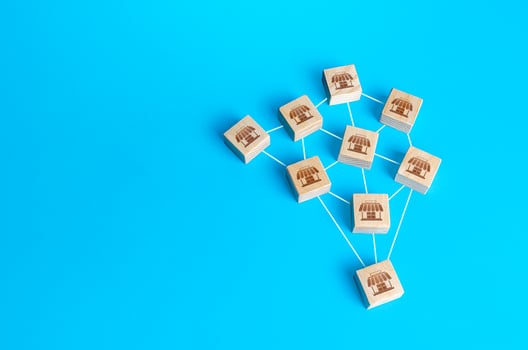 Wooden figurines blocks of shops are interconnected by lines. Building a successful business empire. Merging competitor, creation of a large network monopoly. Franchise concept. Commercial association photo
