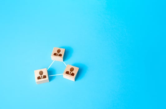 Blocks of people connected by lines. Communication and management. Joining efforts. Creation of a team. Hiring and recruiting workers. Formation of effective working group. Human resources. photo