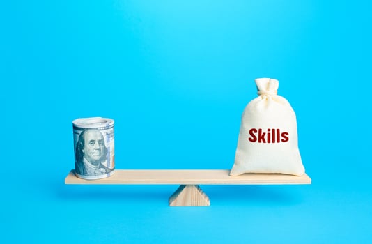 Bundle of dollars and a bag of skills on scales. Concept of education and investment in human capital. Self-development, refresher courses. Salary size in relation to employee professionalism . photo
