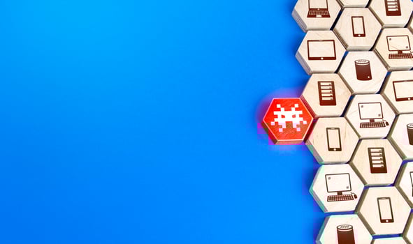 Virus attacks the network with electronic devices. Threat of malware infection of computers, mobile and smart speakers. Confidentiality, security of personal and financial data. Spyware integration photo