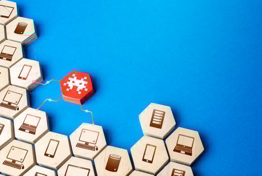 A figurine with a virus infects an array of communication devices. The threat of malware infection of computers, mobile and smart speakers. Confidentiality, security of personal and financial data. photo