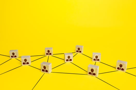 Network of connected people. Interaction between employees and community members. Social communication. Information exchange relations. Unity cooperation. Distribution responsibilities between workers photo