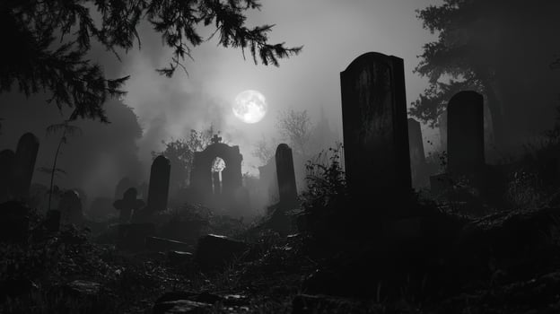 A cemetery with tombstones and trees at night photo