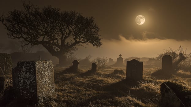A graveyard with tombstones and a full moon photo